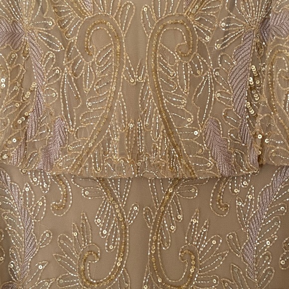 Adrianna Papell —Filigree Beaded Blouson Dress with V Neck in Champagne - Picture 2 of 4